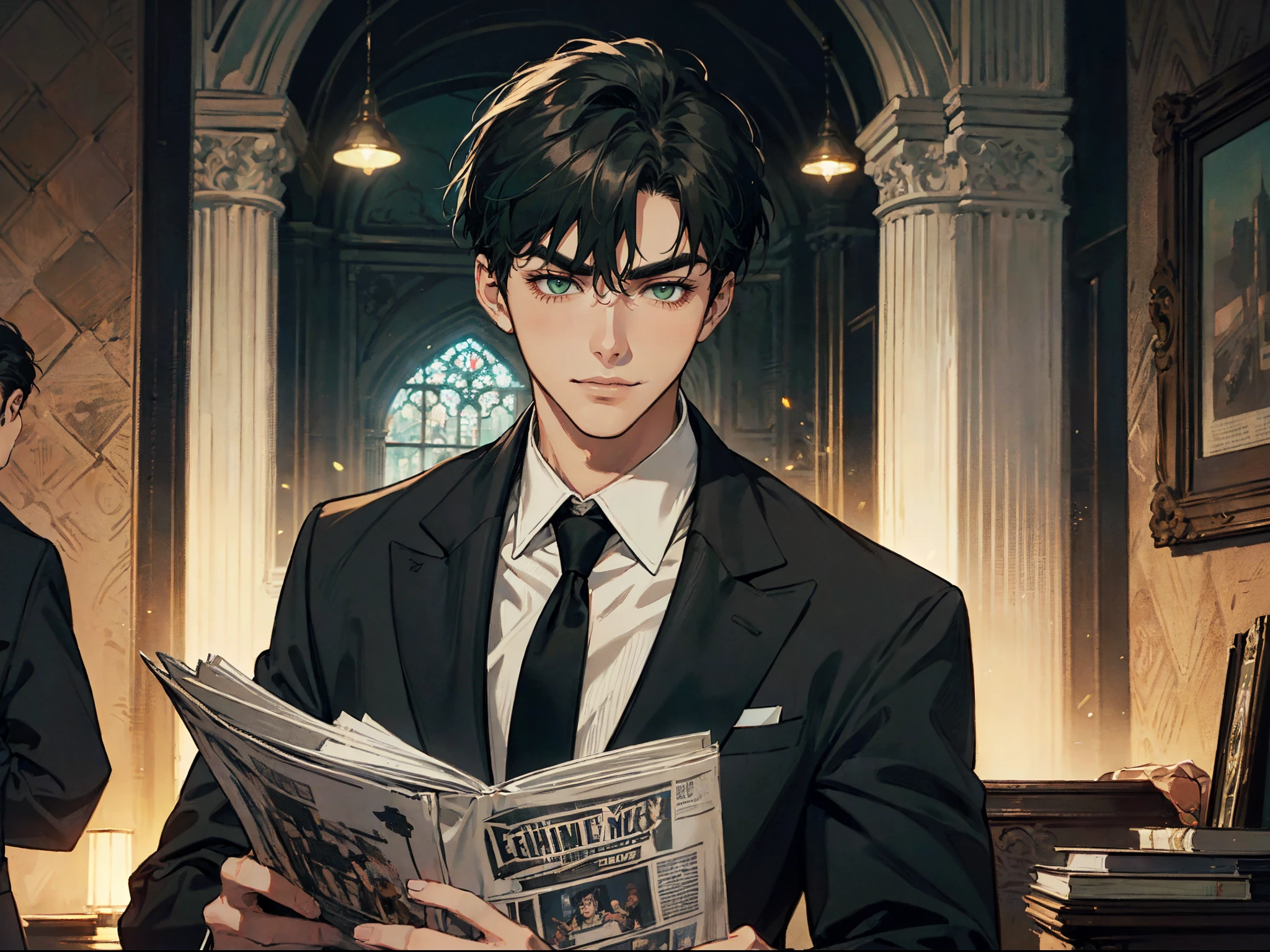 ((One young man with a black suit and tie)), gotham, alejandro, (((side swept dark short hair))), (dark green eyes and thick eyebrows), smirk, ((20 years old)), ((masterpiece)), reading a newspaper , ((cinematic lighting)),