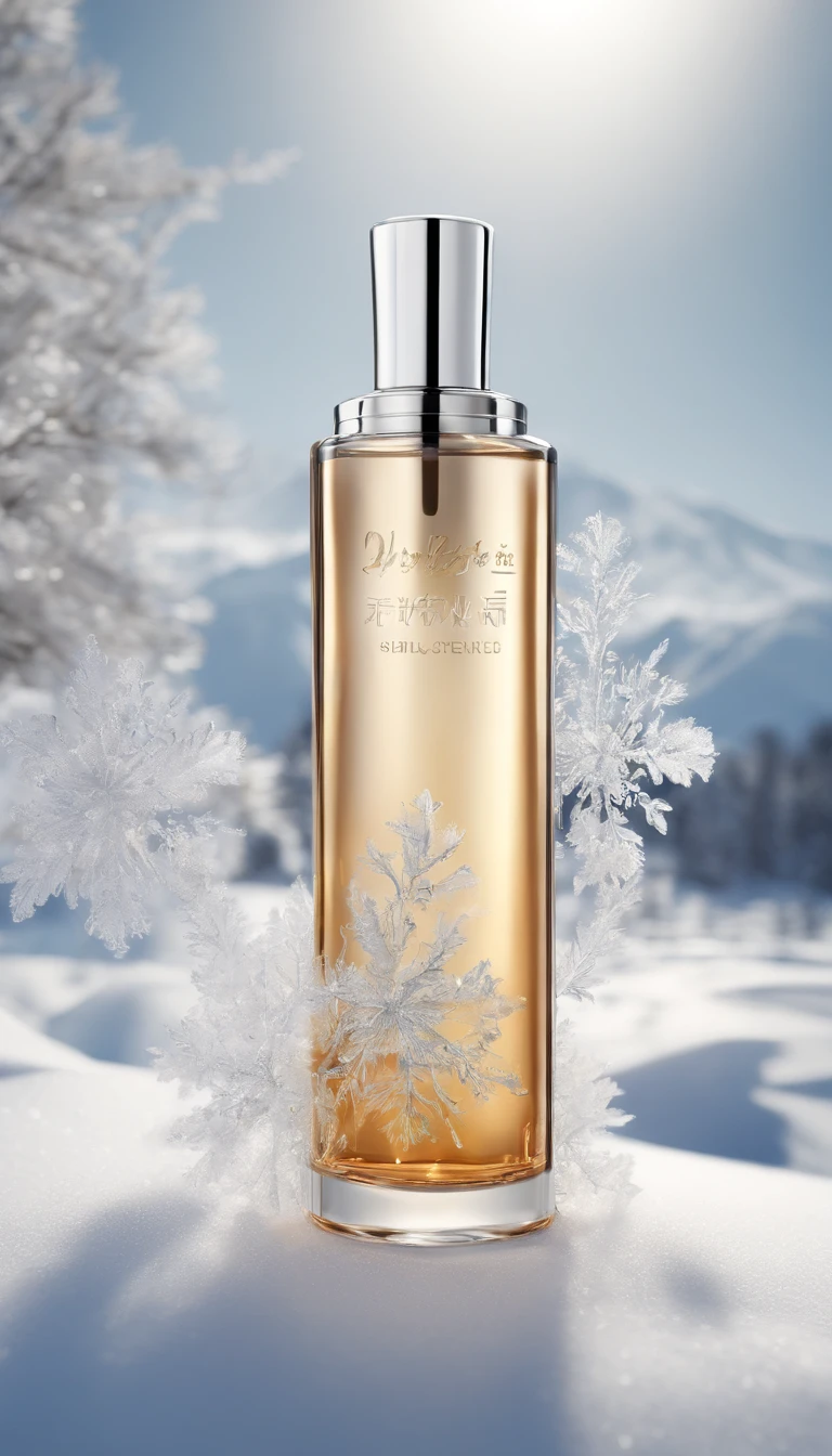 Ultra-realistic scenes，Cosmetic bottle，Surrounded by white snow and ice flowers，blue sky background，yuki，rays of sunshine，low perspective，Blander，Product rendering，HD8K。 --v6