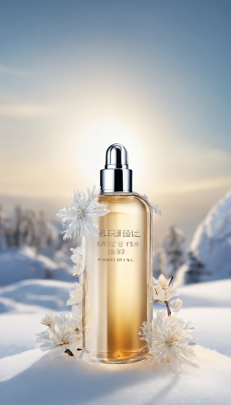 Ultra-realistic scenes,Cosmetic bottle,Surrounded by white snow and ice flowers,blue sky background,yuki,rays of sunshine,low perspective,Blander,Product rendering,HD8K。 --v6