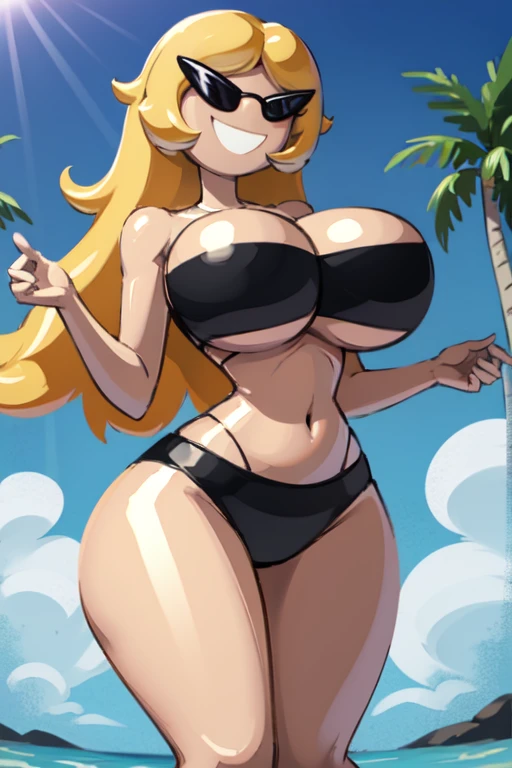 sunnymiamitf, huge breasts, narrow waist, wide hips, sunglasses, teeth, :d, curly hair, long hair, blonde hair, parted bangs, black bikini, strapless bikini, strapless bra, beach