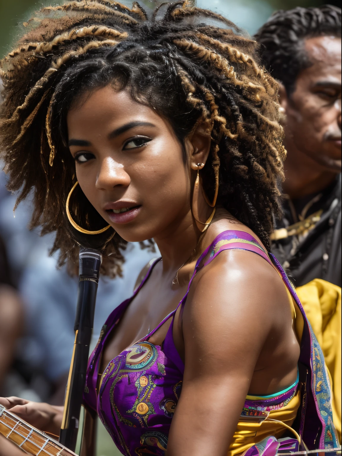 (8k, highest quality, ultra detailed:1.37), (Nyla), 18yo, (a talented African-Brazilian musician), captivates the audience with her soulful performance. She plays a traditional instrument, showcasing her musical skills and cultural heritage. The high-resolution image captures ultra-detailed realism, highlighting Nyla's passionate expression, captivating eyes, and flawless complexion. The vibrant atmosphere, with the sounds of music and enthusiastic spectators, adds to the visual appeal, creating a visually stunning representation of Nyla's talent and cultural connection as a musician.