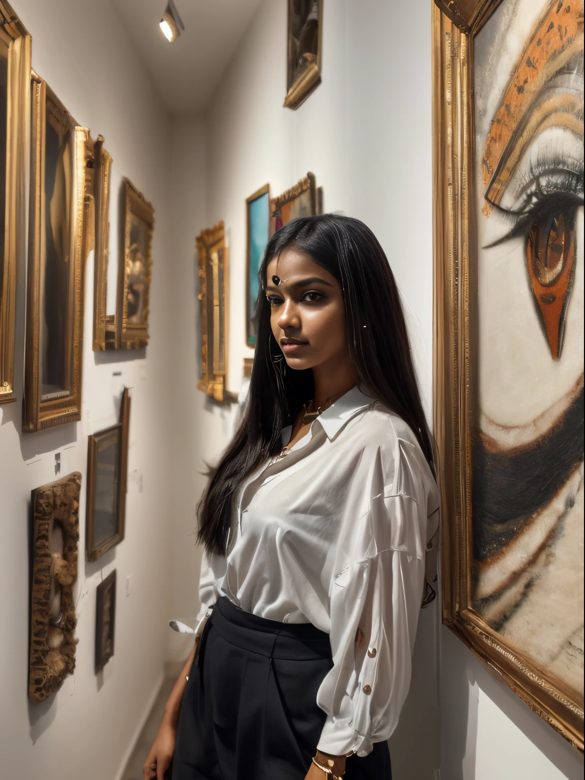 (8k, highest quality, ultra detailed:1.37), (Nyla), 18yo, (a cultured African-Brazilian), curates an art exhibition, showcasing her knowledge and appreciation for various art forms. She wears a stylish outfit that reflects her sophisticated taste. The high-resolution image captures ultra-detailed realism, highlighting Nyla's confident demeanor, captivating eyes, and flawless complexion. The carefully curated artworks and elegant gallery space add to the image's refinement, creating a visually stunning representation of Nyla as an art gallery curator.