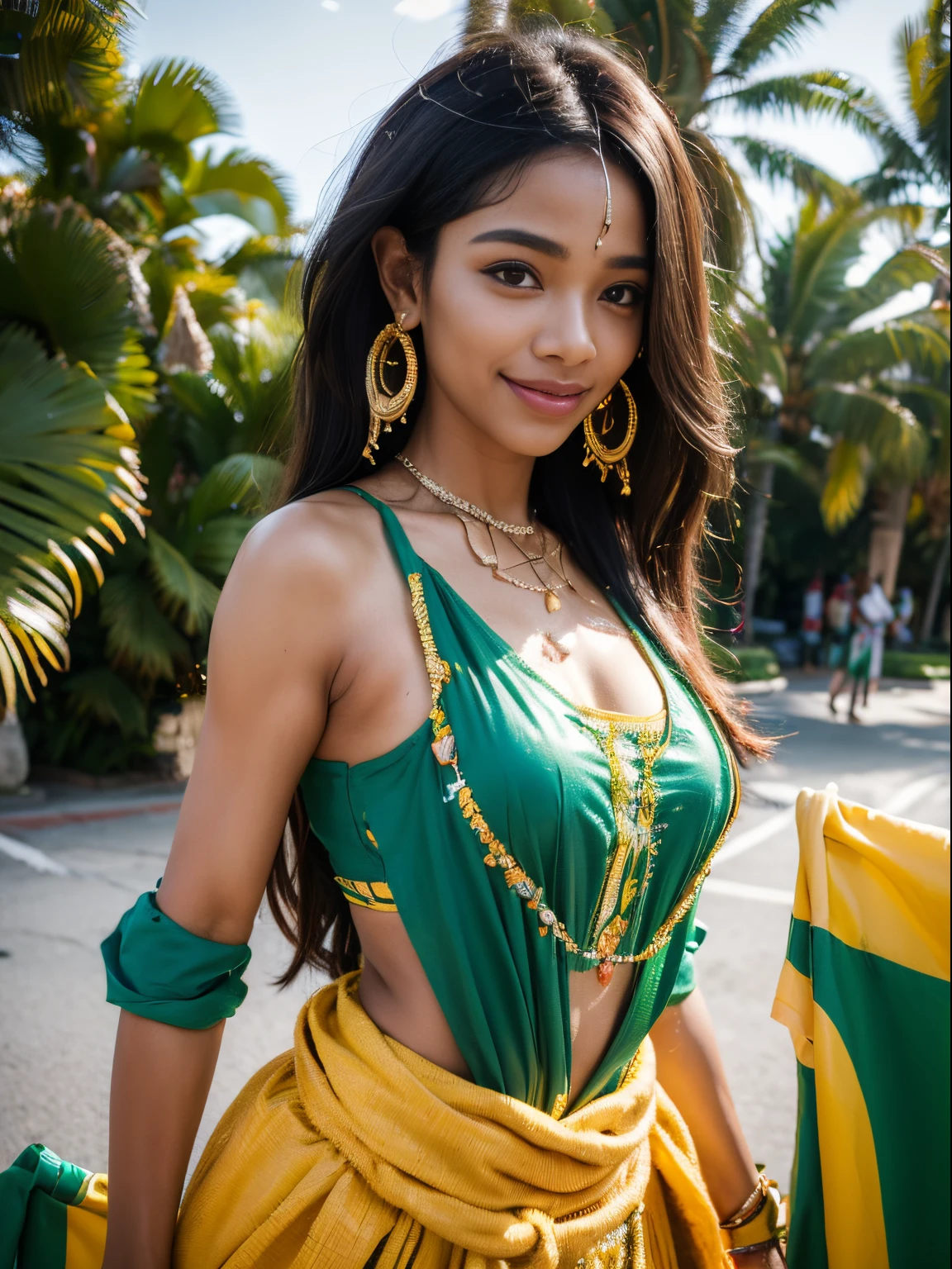 (8k, highest quality, ultra detailed:1.37), (Nyla), 18yo, (a proud African-Brazilian), participates in a colorful cultural festival, representing her heritage. She wears a traditional costume, adorned with vibrant patterns and accessories, showcasing her cultural pride. The high-resolution image captures ultra-detailed realism, highlighting Nyla's radiant smile, captivating eyes, and flawless complexion. The festive atmosphere, with music, dance, and joyful celebrations, adds to the vibrancy, creating a visually stunning representation of Nyla's connection to her African-Brazilian roots.