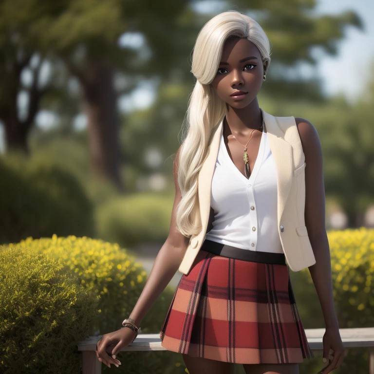 solo ((full shot)) of an attractive (( somlian dark brown skin young woman ))she is beautiful and petite wearing a ((white blonde hair )) ash blonde hairstyle dark brown skin girl )) cute ((plaid  red skirt and black vest ))  on a petite woman ((lifelike skin texture)) ((very detailed image )) she has a petite figure ((stunning eyes and a sharp nose)) perfect face shape ((blonde white hair))UHD, a Masterpiece,Realistic textures,(( hyper-realistic)), 8k, photorealistic, XT3 grain,Fujifilm ((standing alone at a park)) ((somalian ))