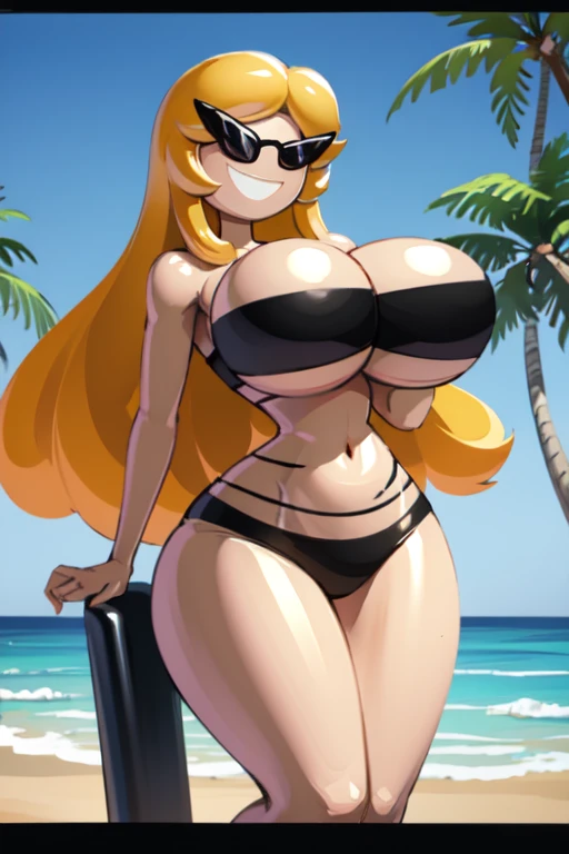 sunnymiamitf, huge breasts, narrow waist, wide hips, sunglasses, teeth, :d, curly hair, long hair, blonde hair, parted bangs, black bikini, strapless bikini, strapless bra, tube top, g-string, beach