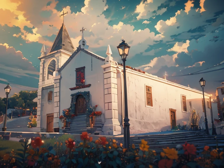 there is a white church with a clock tower and a lamppost, igreja, bispo do rosario, vista externa, monastery, vista Fora, visto de fora, rosalia vila i tobella, Arrendajo em Avila Pinewood, fora, vista frontal, vista frontal, idade, Completo - Vista, aldeia, igreja na madeira, catedral da igreja