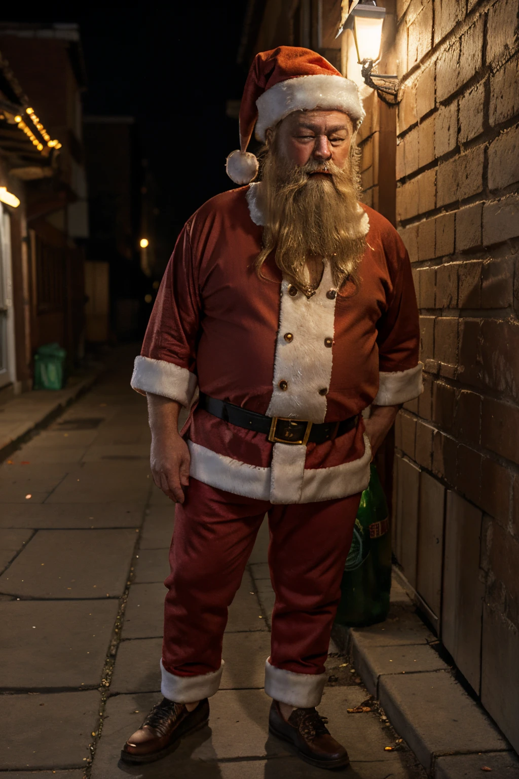 1man, age49, Santa Claus, Solo, full body photo, bad skin, skinny, (eyes closed:0.9), drugged look, drunk, unshaved, fake beard, Looking at Viewer, (santa hat, santa shirt), brown eyes, Realistic, back street alley, bottles