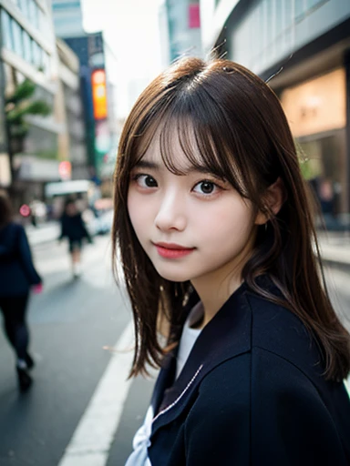 (masterpiece, best quality, photo realistic, official art:1.4), (UHD, 8K quality wallpaper, High resolution, RAW photo:1.2), (shiny skin), professional lighting, physically-based rendering, Award-winning, highly detailed skin, (extremely detailed face and eyes, clear pupils), Carl Zeiss 85 mm F/1.4, depth of field, BREAK, 1girl, solo, kawaii -yeld Kon girl, (Nogizaka idol:0.7), (Korean idol:0.9), (glossy brown hair, straight medium hair, forehead:1.3), rounded face, single eyelid, smirk, mouth closed, (wearing longsleeved sailor suit:1.3), plaid mini skirt, navy socks, loafers, breasts emphasized, well shaped medium breasts, (looking at camera), BREAK, at a street in Shibuya, (seductive posing:1.3), cowboy shot, view from forward,