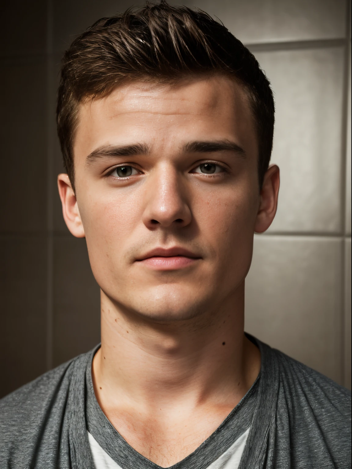 handsome man in bathroom headshot, 40 years old, chiseled jaw, ultra-realistic, photo, --style raw --s 50, josh hutcherson