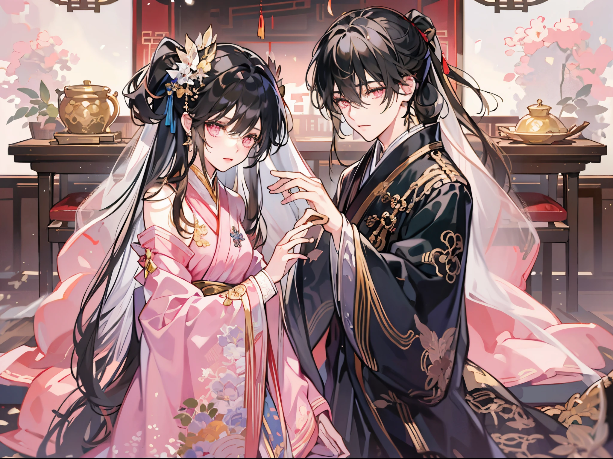 ((tmasterpiece)), Best quality at best, Excellent illustration, A couple, soft focus, 1 boy with long black hair, yellow-eyed，Wearing black Hanfu, 1 girl with long black hair, No bangs, a pink eyes，Wear a pink dress, in a luxuriously living room, Chinese furniture，opulent and exquisite atmosphere, natta，Boys are taller than girls,,k hd，high high quality，high detal，detailface