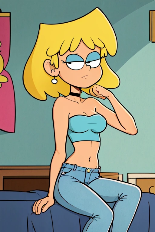 ((masterpiece, best quality)), cartoon style, digital 2D illustration, solo, 1 girl, loriloud, lori loud, highres, blonde hair, strapless, ruffle cyan crop top, tube top, tight low cut jeans, circular earrings, a small choker, detailed, soft lighting, in bedroom, sitting pose.