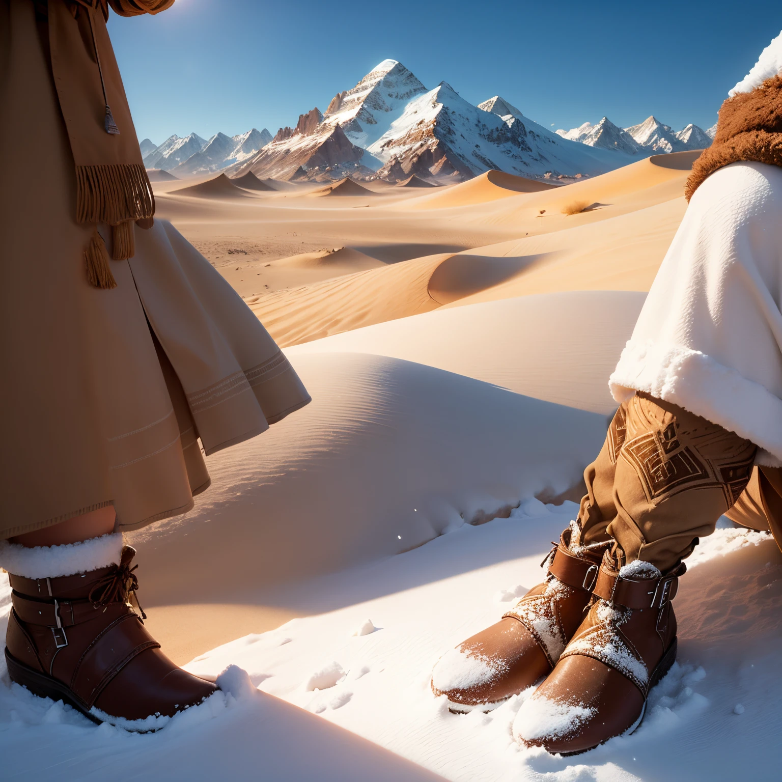 Sahara desert and snowy mountains of Peru, sand, snowflakes, white and brown colors, land and sea, sun and snow, detailed cactus, palm trees swaying in the wind, vibrant sunset over the mountain peaks, vast expanse of sand dunes, camel caravan traversing the desert, icy waterfalls cascading down the cliffs, snow-capped peaks, fluffy clouds in the sky, contrasting textures and temperatures, extreme heat and freezing cold, intricate patterns formed by the wind on the sand, jagged edges of the mountains, sparkling sunlight reflecting off the snow, serene and calm atmosphere, large waves crashing on the shore, colorful fish swimming in the clear blue sea, towering ice sculptures, traces of animal footprints in the sand, diversity of flora and fauna, vastness and grandeur of nature, hypnotizing silence interrupted only by the sound of wind and waves. 

(best quality,4k,8k,highres,masterpiece:1.2), ultra-detailed, realistic:1.37, HDR, UHD, studio lighting, extreme detail description, professional, vivid colors, sharp focus, physiologically-based rendering, portraits, landscape, contrasted color tones, dynamic lighting effects.