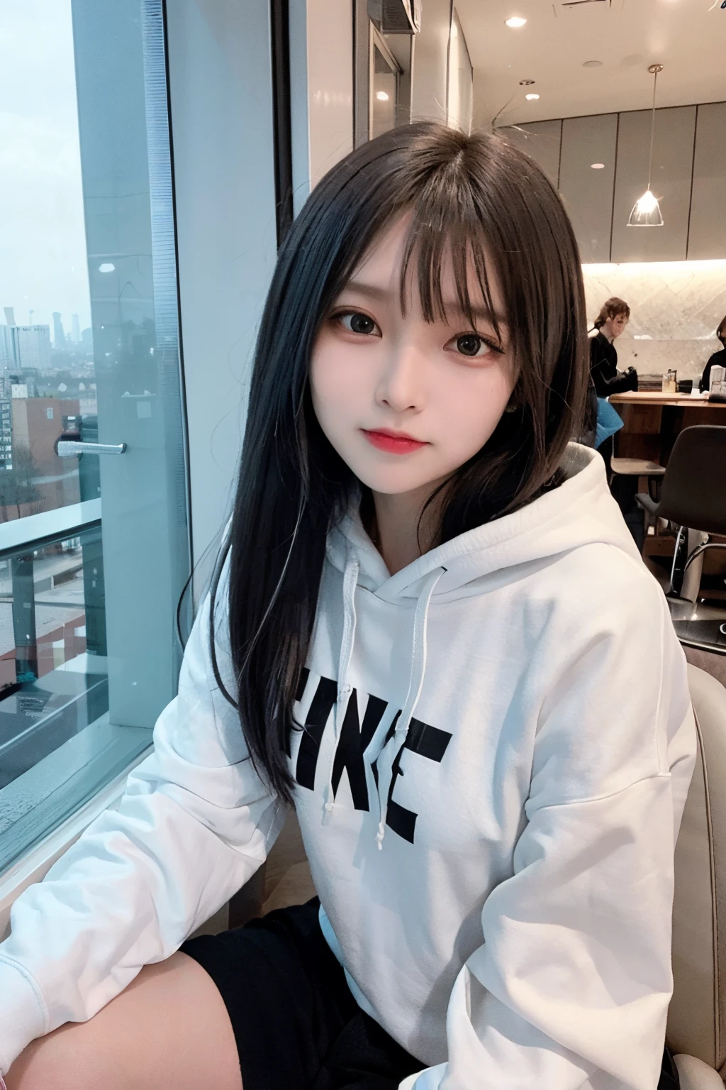 (8K、Raw photography、top-quality、masterpiece:1.2)、(realisitic、Photorealsitic:1.37)、1 girl in、 only、cute little、adolable、(blue eyess)、(Shy smile:0.4)、(独奏)、详细的脸、oval-face、Thin almond eyes、Black hair straight、short-hair、Hair over one eye、A slender、medium breasts、Grey sweat hoodie、Dramatic Angle、tilt of the head、fluorescent lamp、Inside the coffee shop、Sitting by the window、small head、(Facing the other side)、teens girl