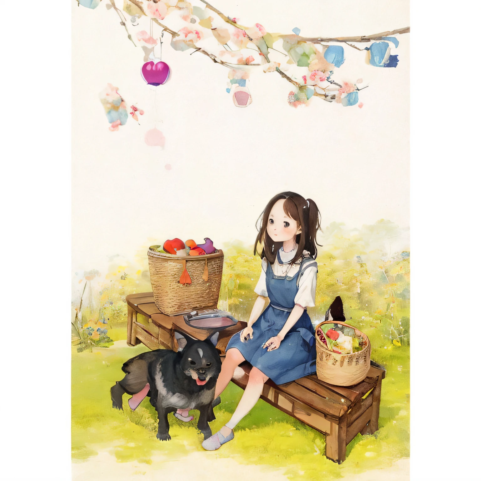 painting of a girl sitting on a bench with a dog and a basket, by Ni Duan, cute artwork, cute illustration, by Shitao, cute woman, cute girl, cute cartoon, cute art style, by Ai-Mitsu, cutest, beautiful drawing style, fanart, by Tan Ting-pho, hand painted cartoon art style, by Ju Lian