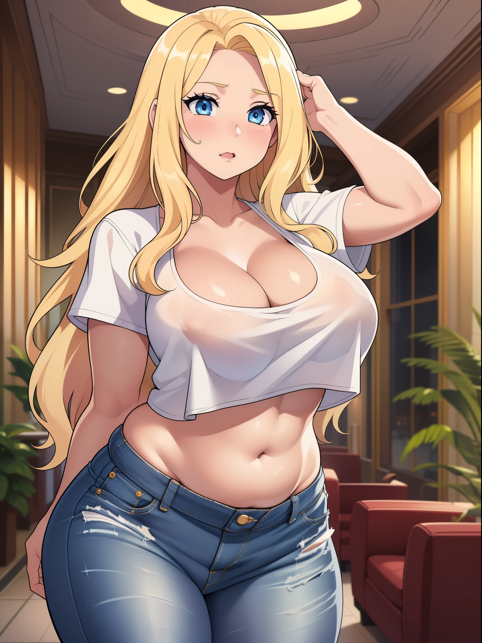 ((highres)), Masterpiece, high quality, best quality, beautiful, perfect lighting, detailed face, ultra cute face, cowboy shot, ((1girl)), ((solo)), blush, long blonde hair, fluffy hair, blue eyes, (white crop top), jeans, hotel lobby, (large breasts), perky breasts, cleavage, wide hips, sexy pose, (chubby), belly rolls, belly hang,