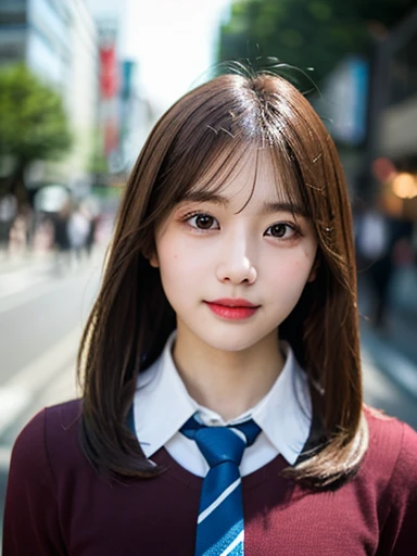 (masterpiece, best quality, photo realistic, official art:1.4), (UHD, 8K quality wallpaper, High resolution, RAW photo:1.2), (shiny skin), professional lighting, physically-based rendering, Award-winning, highly detailed skin, (extremely detailed face and eyes, clear pupils), Carl Zeiss 85 mm F/1.4, depth of field, BREAK, 1girl, solo, kawaii 16-year-old Korean girl, (Nogizaka idol:0.7), (Korean idol:0.9), (glossy brown hair, straight medium hair, forehead:1.3), rounded face, single eyelid, smirk, mouth closed, (wearing longsleeved collared shirt, school tie:1.3), plaid mini skirt, navy socks, loafers, breasts emphasized, well shaped medium breasts, (looking at camera), BREAK, at a street in Shibuya, (seductive posing:1.3), cowboy shot, view from forward,