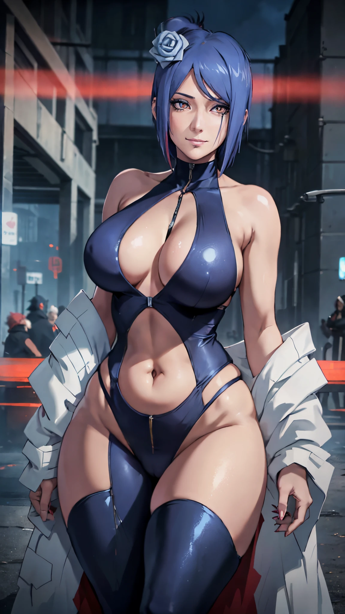(8k, RAW photos,(1Female:1.1),konan, female,Xiaonan\(Naruto\),La Brett piercing,cleavage,smile,Being red in the face, Dark blue hair,(((cut hair))), ((curvy body)), (body suit), (city(