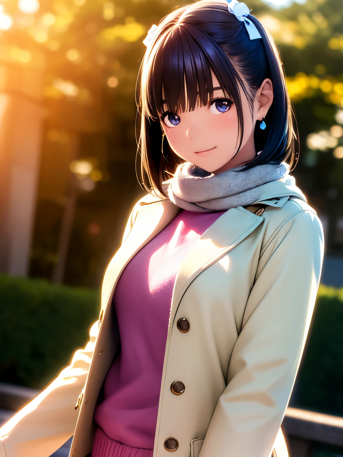 hight resolution,8K,Best Quality,detaileds,semi - realistic anime,Anime 3D Style,Smooth Anime CG,1 girl in,20 year old woman in Japan,slim,modeled,shiny chestnut hair,Medium Hair,Detailed face,Beautiful and detailed eyes,Glowing skin,(Sweaters,coat,layered clothes,Winter clothes),earring beautiful,Winters,Winters,dead wood,Hard Focus、film grains,Soft lighting,the wind,looking at the viewers,A smile,Angle from the side