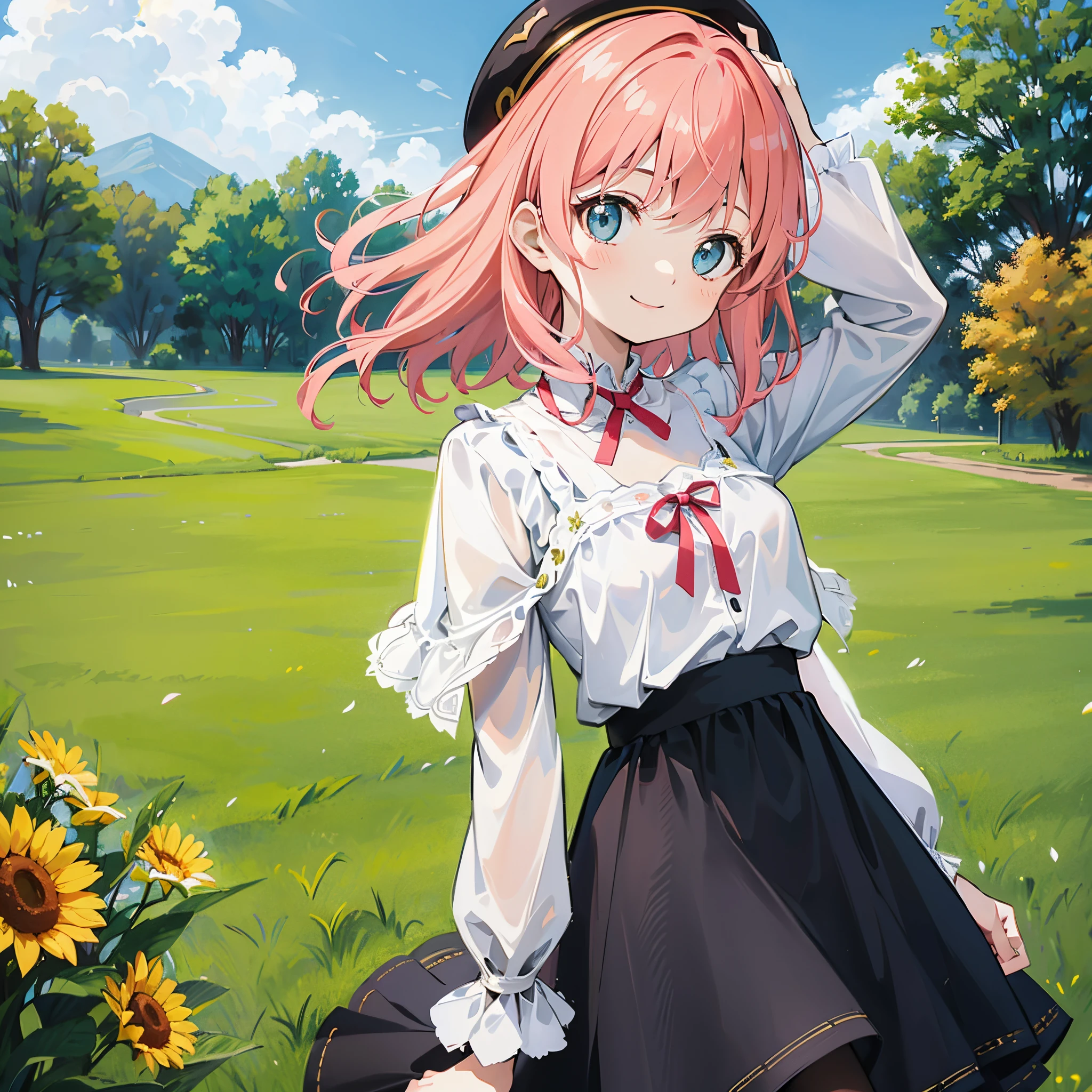 1 girl, solo, Anya_Forger, young woman, 20yo, medium breasts, short girl, short over the shoulders hair, wavy hair, pink hair, sidebangs, cute hairpin, long azure skirt, black pantyhose, elegant black blouse, cute red hat, shoulder look, smiling, hand_to_hair, oversaturation, dreamlikeart, sunny day, open field in background, sunshine