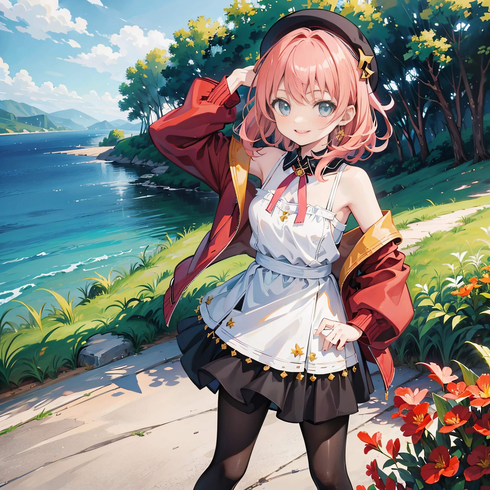 1 girl, solo, Anya_Forger, young woman, 20yo, medium breasts, short girl, short over the shoulders hair, wavy hair, pink hair, sidebangs, cute hairpin, long azure skirt, black pantyhose, elegant black blouse, cute red hat, shoulder look, smiling, hand_to_hair, oversaturation, dreamlikeart, sunny day, open field in background, sunshine