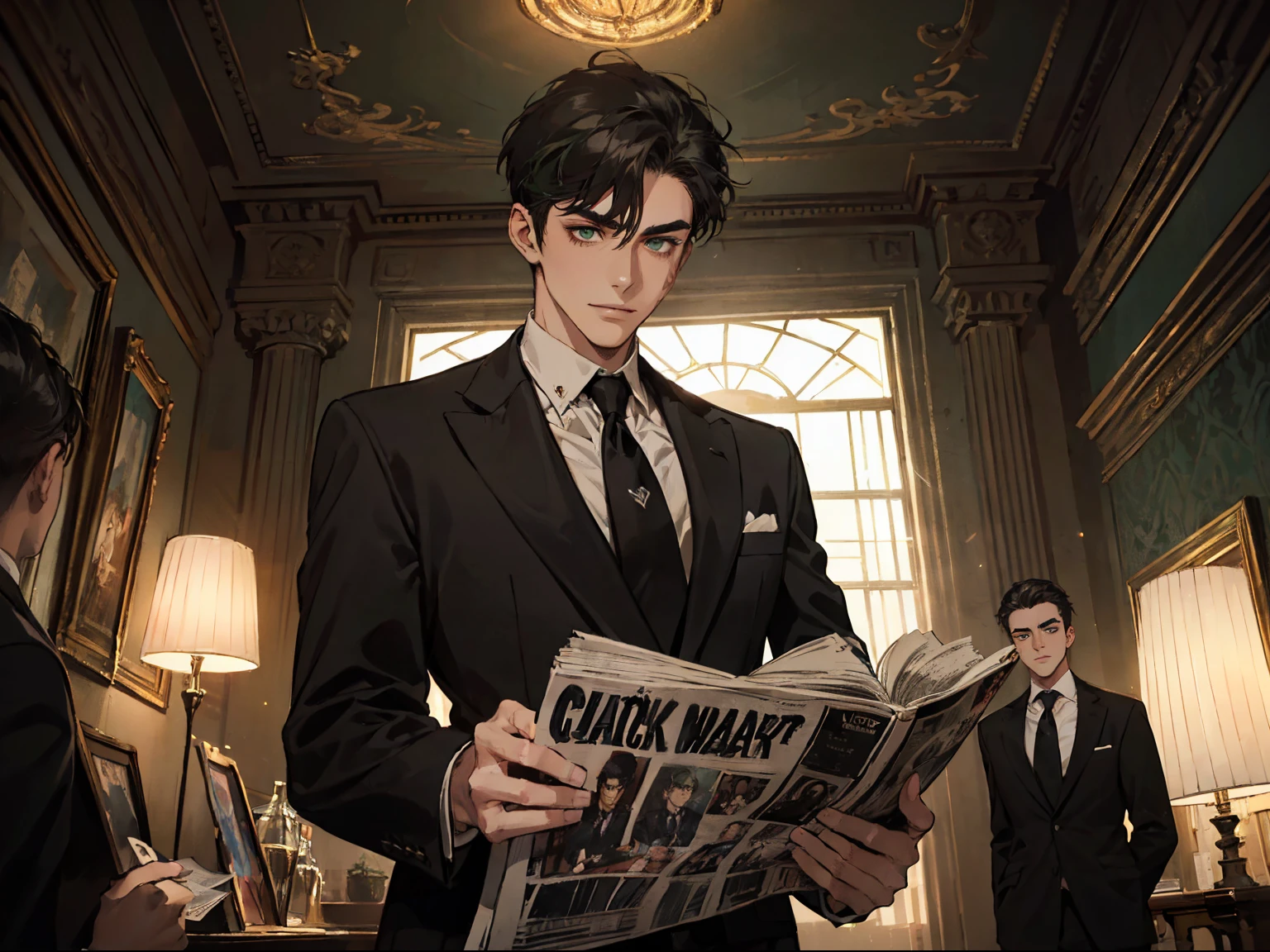 1boy, 20 years old, short black hair, muscular, wearing a black suit and shirt, back: 1.5, in the auction hall, rows of seats, sitting rich businessmen from all over the world, lights, similar to cinema scenes, colorful, magnificent, master works, super high detail, masterpieces, the best picture quality
