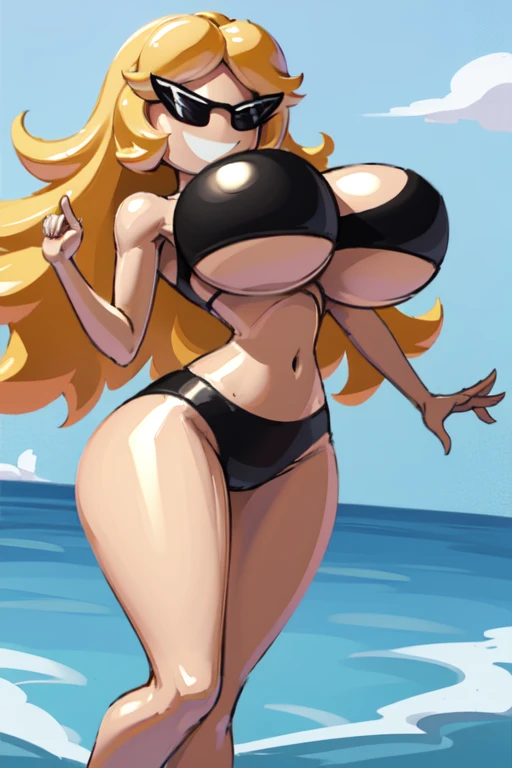 sunnymiamitf, huge breasts, narrow waist, wide hips, sunglasses, teeth, :d, curly hair, long hair, blonde hair, parted bangs, black bikini, strapless bikini, strapless bra, tube top, g-string, underboob, beach