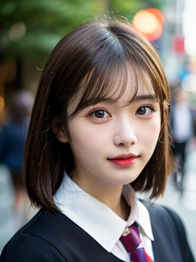 (masterpiece, best quality, photo realistic, official art:1.4), (UHD, 8K quality wallpaper, High resolution, RAW photo:1.2), (shiny skin), professional lighting, physically-based rendering, Award-winning, highly detailed skin, (extremely detailed face and eyes, clear pupils), Carl Zeiss 85 mm F/1.4, depth of field, BREAK, 1girl, solo, kawaii 16-year-old Korean girl, (Nogizaka idol:0.7), (Korean idol:0.9), (glossy brown hair, straight medium hair, forehead:1.3), rounded face, single eyelid, smirk, mouth closed, (wearing longsleeved collared shirt, school tie:1.3), plaid mini skirt, navy socks, loafers, breasts emphasized, well shaped medium breasts, (looking at camera), BREAK, at a street in Shibuya, (seductive posing:1.3), cowboy shot, view from forward, view from below,