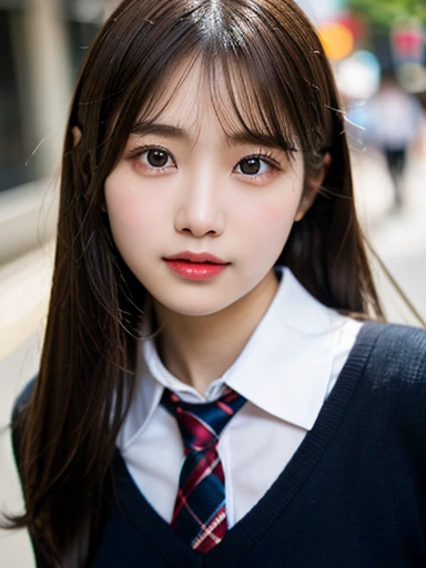 (masterpiece, best quality, photo realistic, official art:1.4), (UHD, 8K quality wallpaper, High resolution, RAW photo:1.2), (shiny skin), professional lighting, physically-based rendering, Award-winning, highly detailed skin, (extremely detailed face and eyes, clear pupils), Carl Zeiss 85 mm F/1.4, depth of field, BREAK, 1girl, solo, kawaii 16-year-old Korean girl, (Nogizaka idol:0.7), (Korean idol:0.9), (glossy brown hair, straight medium hair, forehead:1.3), rounded face, single eyelid, smirk, mouth closed, (wearing longsleeved collared shirt, school tie:1.3), plaid mini skirt, navy socks, loafers, breasts emphasized, well shaped medium breasts, (looking at camera), BREAK, at a street in Shibuya, (seductive posing:1.3), cowboy shot, view from forward, view from below,