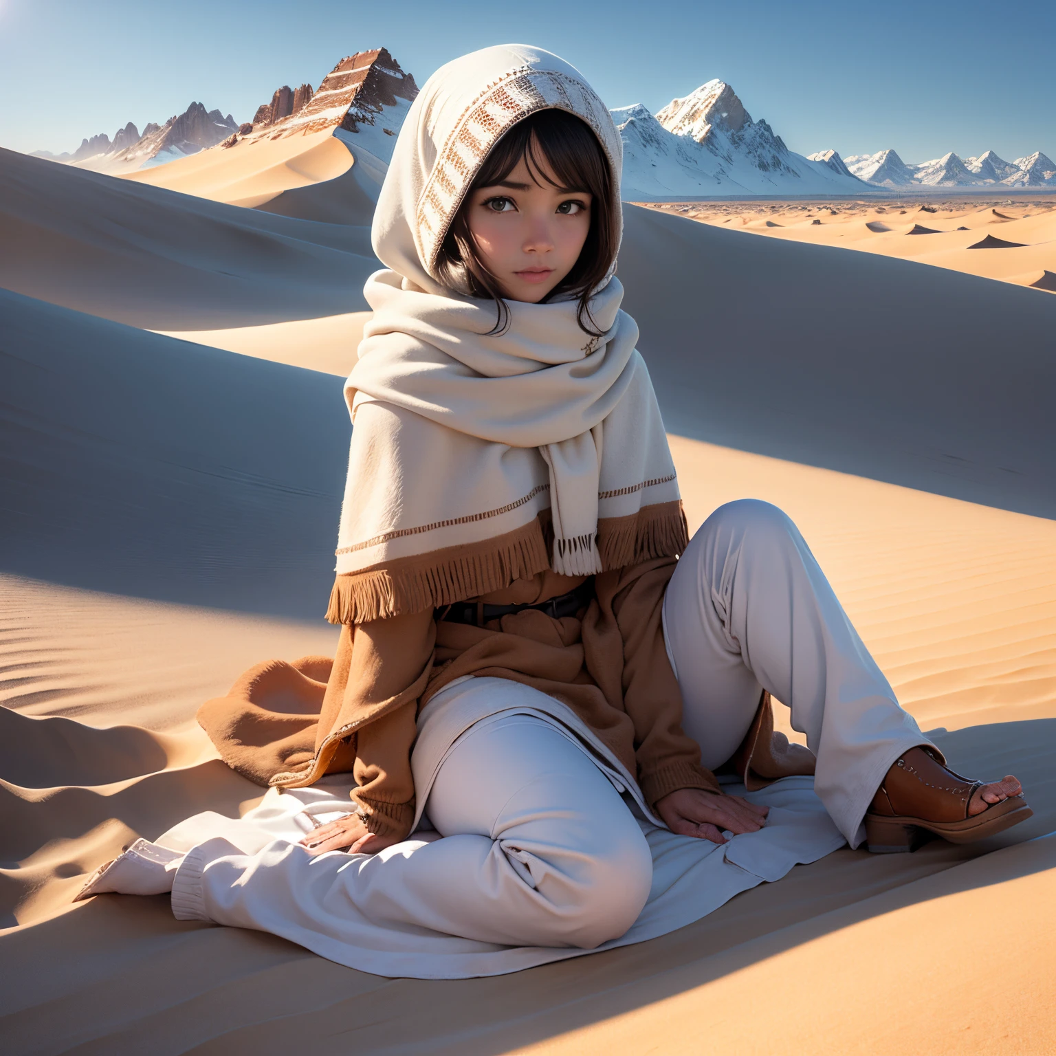 Sahara desert and snowy mountains of Peru, sand, snowflakes, white and brown colors, land and sea, sun and snow, detailed cactus, palm trees swaying in the wind, vibrant sunset over the mountain peaks, vast expanse of sand dunes, camel caravan traversing the desert, icy waterfalls cascading down the cliffs, snow-capped peaks, fluffy clouds in the sky, contrasting textures and temperatures, extreme heat and freezing cold, intricate patterns formed by the wind on the sand, jagged edges of the mountains, sparkling sunlight reflecting off the snow, serene and calm atmosphere, large waves crashing on the shore, colorful fish swimming in the clear blue sea, towering ice sculptures, traces of animal footprints in the sand, diversity of flora and fauna, vastness and grandeur of nature, hypnotizing silence interrupted only by the sound of wind and waves. 

(best quality,4k,8k,highres,masterpiece:1.2), ultra-detailed, realistic:1.37, HDR, UHD, studio lighting, extreme detail description, professional, vivid colors, sharp focus, physiologically-based rendering, portraits, landscape, contrasted color tones, dynamic lighting effects.