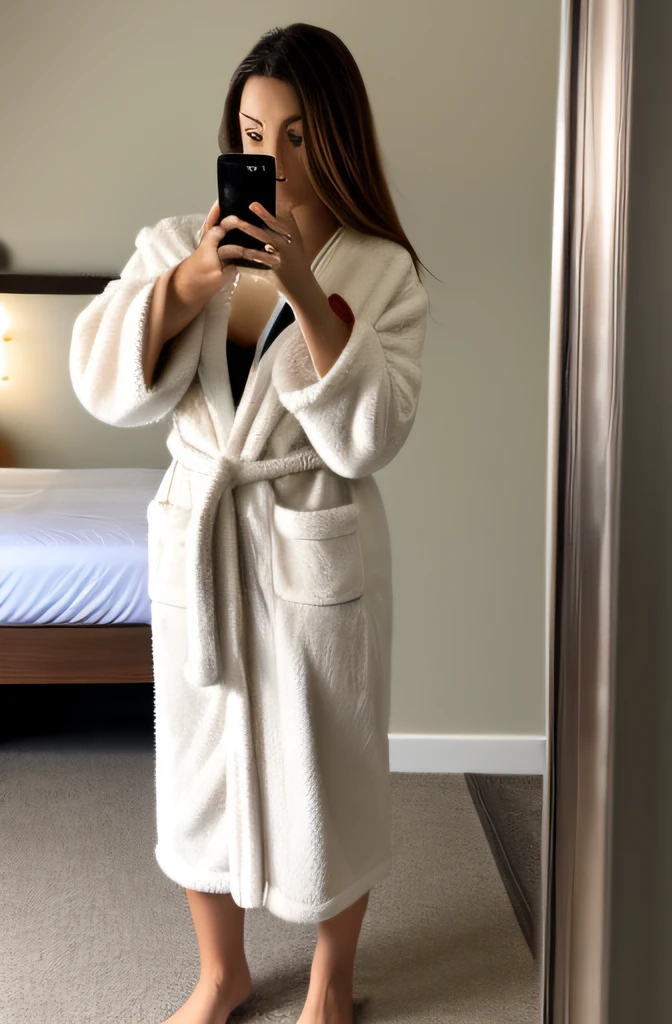 whole body view】Retrato de uma mulher latina de pele clara em frente ao espelho do quarto de motel, wearing a bathrobe and holding an iPhone 14