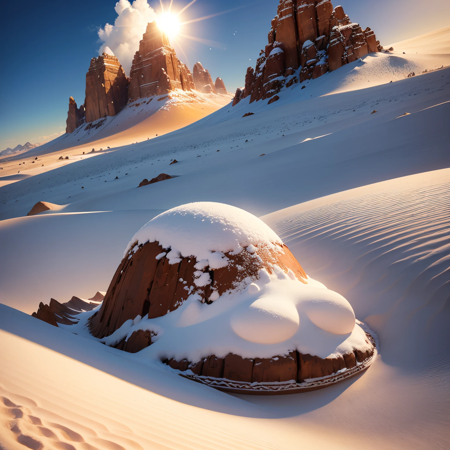 Sahara desert and snowy mountains of Peru, sand, snowflakes, white and brown colors, land and sea, sun and snow, detailed cactus, palm trees swaying in the wind, vibrant sunset over the mountain peaks, vast expanse of sand dunes, camel caravan traversing the desert, icy waterfalls cascading down the cliffs, snow-capped peaks, fluffy clouds in the sky, contrasting textures and temperatures, extreme heat and freezing cold, intricate patterns formed by the wind on the sand, jagged edges of the mountains, sparkling sunlight reflecting off the snow, serene and calm atmosphere, large waves crashing on the shore, colorful fish swimming in the clear blue sea, towering ice sculptures, traces of animal footprints in the sand, diversity of flora and fauna, vastness and grandeur of nature, hypnotizing silence interrupted only by the sound of wind and waves. 

(best quality,4k,8k,highres,masterpiece:1.2), ultra-detailed, realistic:1.37, HDR, UHD, studio lighting, extreme detail description, professional, vivid colors, sharp focus, physiologically-based rendering, portraits, landscape, contrasted color tones, dynamic lighting effects.
