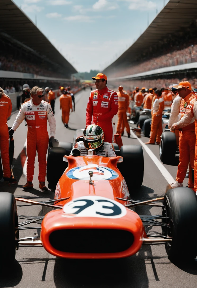 A photo of Sterling standing on the starting grid of a Formula One race, surrounded by the buzz of the pit lane and fellow drivers preparing for the start.,original,Max “Velocity” Sterling, a fictional Formula One champion, is the epitome of speed and charisma on the racetrack. With a sharp, athletic build, his appearance is as flashy as his driving style, often seen in custom racing gear emblazoned with bold logos and his trademark lightning symbol. His hair is styled with the same carefree audacity that he shows behind the wheel, and his confident, roguish smile has made him a heartthrob in the international racing scene. , male