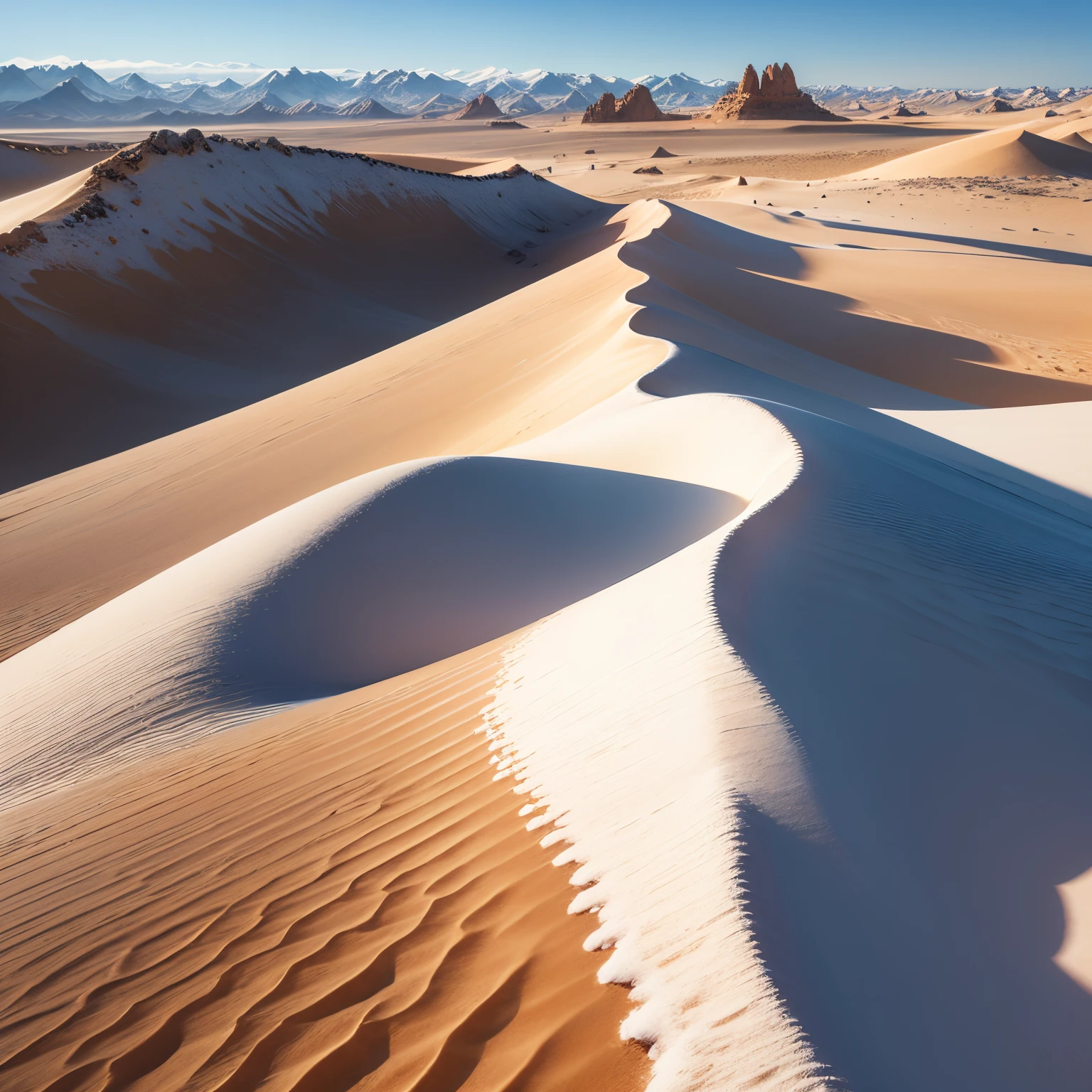 Sahara desert and snowy mountains of Peru, sand, snowflakes, white and brown colors, land and sea, sun and snow, detailed cactus, palm trees swaying in the wind, vibrant sunset over the mountain peaks, vast expanse of sand dunes, camel caravan traversing the desert, icy waterfalls cascading down the cliffs, snow-capped peaks, fluffy clouds in the sky, contrasting textures and temperatures, extreme heat and freezing cold, intricate patterns formed by the wind on the sand, jagged edges of the mountains, sparkling sunlight reflecting off the snow, serene and calm atmosphere, large waves crashing on the shore, colorful fish swimming in the clear blue sea, towering ice sculptures, traces of animal footprints in the sand, diversity of flora and fauna, vastness and grandeur of nature, hypnotizing silence interrupted only by the sound of wind and waves. 

(best quality,4k,8k,highres,masterpiece:1.2), ultra-detailed, realistic:1.37, HDR, UHD, studio lighting, extreme detail description, professional, vivid colors, sharp focus, physiologically-based rendering, portraits, landscape, contrasted color tones, dynamic lighting effects.
