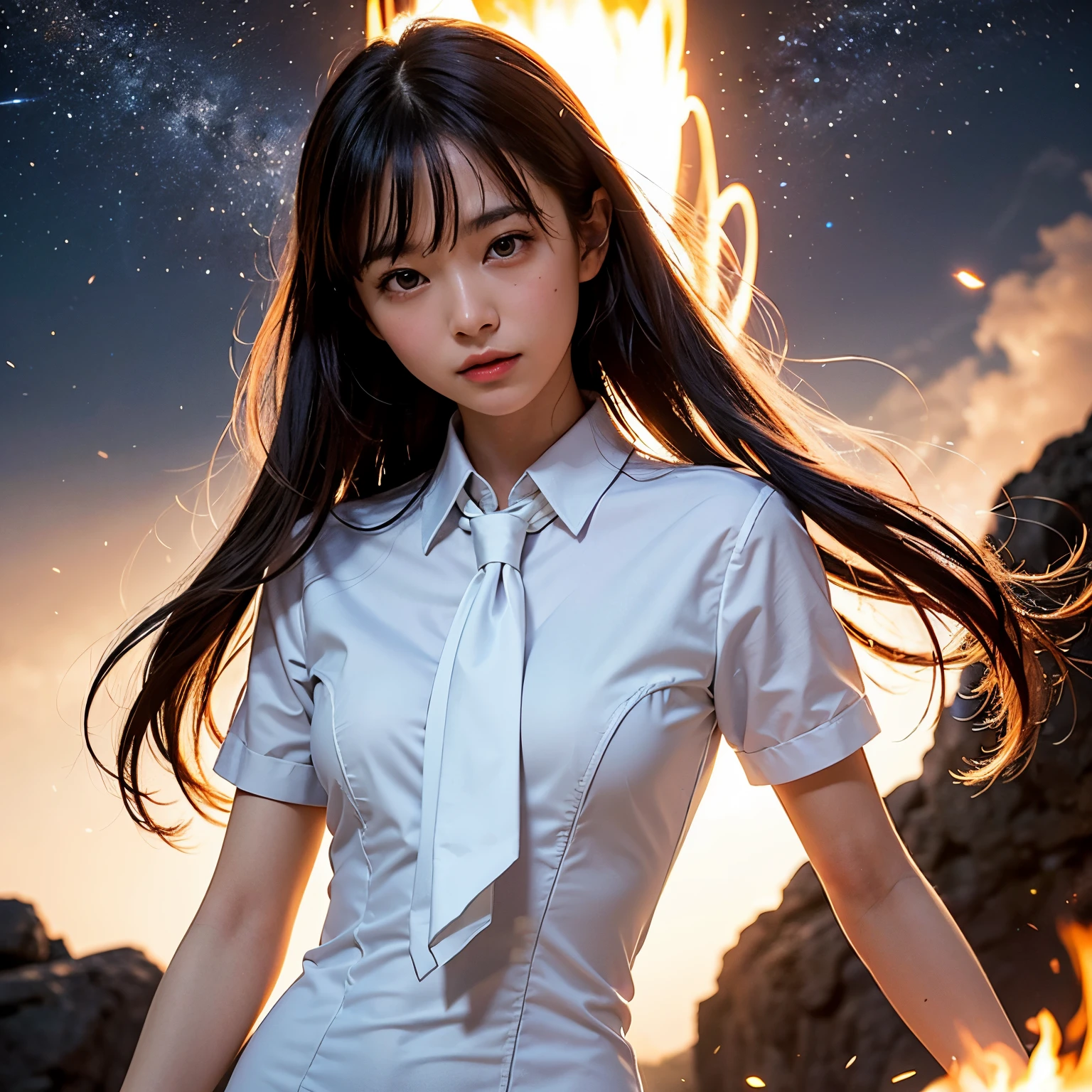 (masutepiece, Best Quality:1.2), 8K, Official art, Wearing a suit、Five Fingers、Full body photo, full body Esbian、Suit Beauty、Beautiful barefoot woman with dark hair floating in the air, hold a flame in your right hand、in his left hand he holds a lightning bolt、Bright lava light rises above the broken Earth from beneath the asteroid belt(Jagged rock rocks and fragments shot into the air:1.3) (Storm of windy dust debris:1.1) Volume fogmist by trace Z、It can allow bright light from below to pass through、 (masterpiece) (top-quality) (detaileds) (8K) (电影灯光) (foco nítido) (Convoluted)A dark-haired、14years、small tits、A delightful、A smile、unbelievable Ridiculous, (Beautiful girl with upper body, Pretty Face, arching back down, Gold hair ornament on hair、Wearing a cute suit、close up, Wearing a suit, Short sleeve, gardenia, violaceaess, Teen, space system, Looking at Viewer, Film grain, chromatic abberation, Sharp Focus, face lights, Dynamic lighting, Cinematic lighting, Eyes and faces with detailed, Bokeh background, (Tie with Emma written on it、1 copy:1.2)