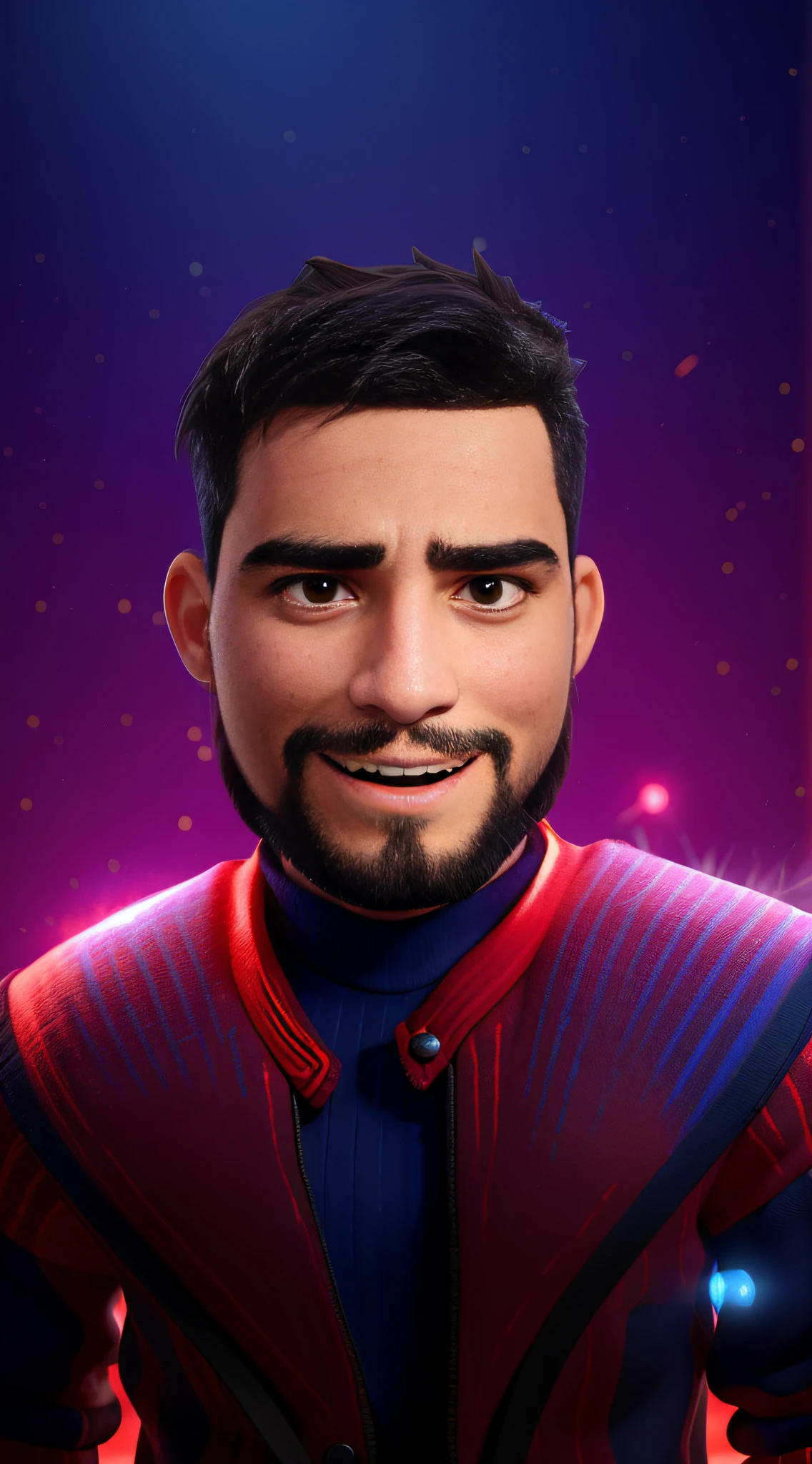The image shows a person with masculine characteristics, cabelo curto e cacheado, e barba. He has a neutral expression and is looking directly at the camera, piscando o olho esquerdo e sorrindo.. The person is wearing an outfit with vibrant colors, principalmente vermelho e azul, com detalhes luminosos no estilo do clipe thriller. The background is dark with a deep blue hue and there are red particles that look like small lights or sparks distributed throughout., creating an atmosphere that suggests technology or a science fiction environment.