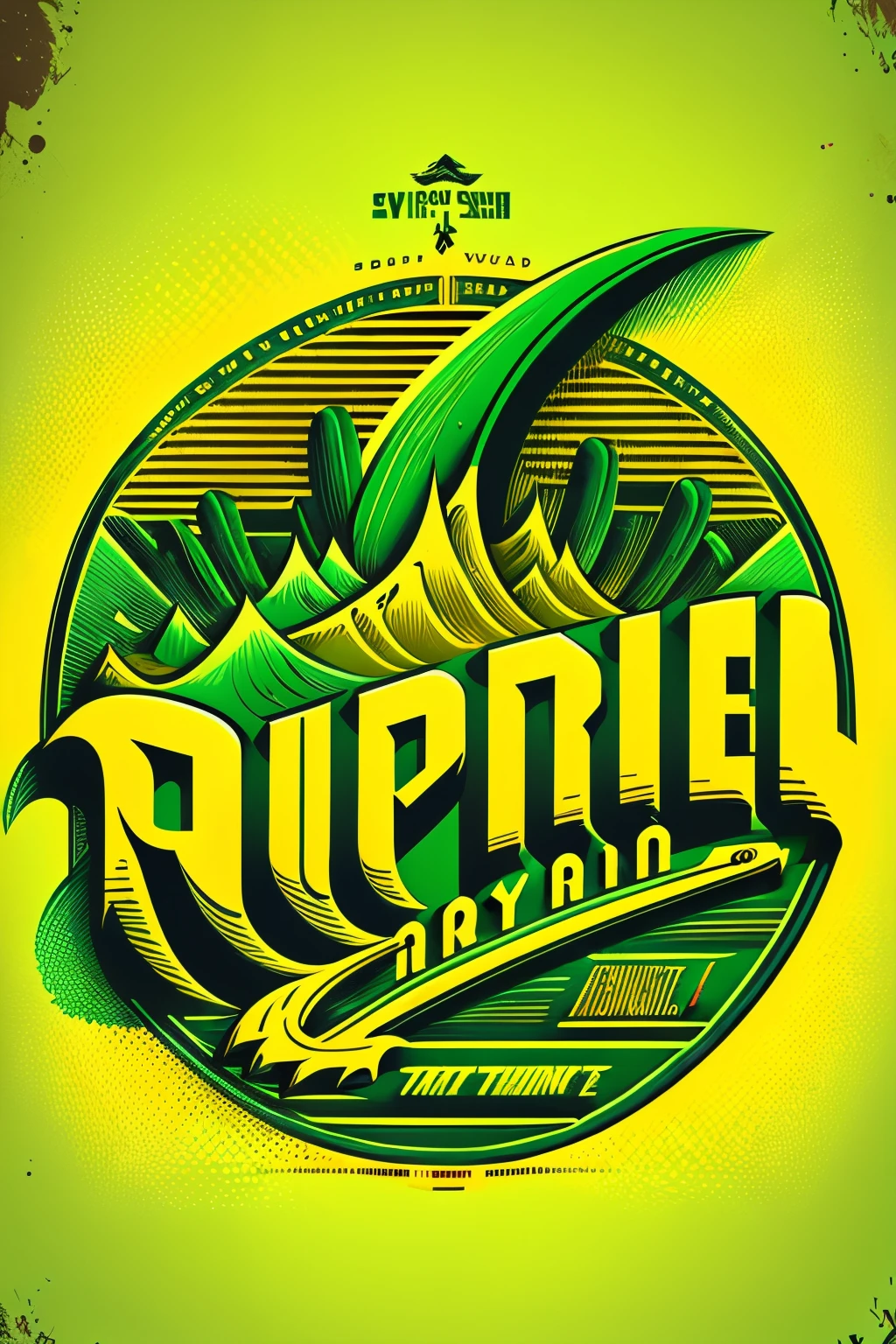 HQ vintage art style, (hyper detailed), (rhyme work), vivid colors, graphic design, green, yellow background, SURFBOARD FINES, Ondas do Sul BRAND logo design