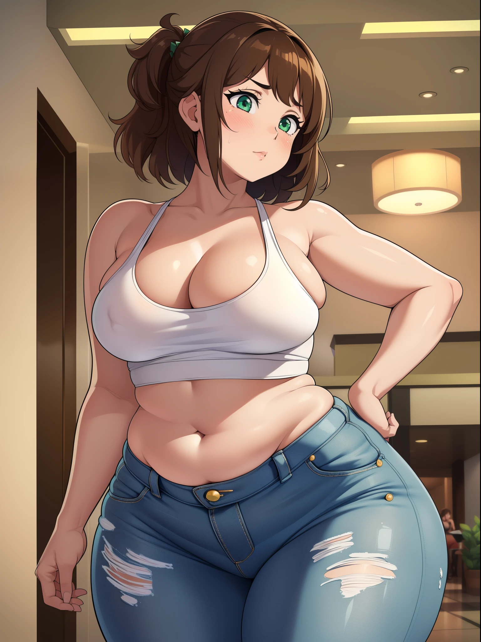 ((highres)), Masterpiece, high quality, best quality, beautiful, perfect lighting, detailed face, ultra cute face, cowboy shot ((1girl)), ((solo)), blush, short brown hair, fluffy hair, green eyes, crop top, jeans, hotel lobby, small breasts, perky breasts, cleavage, ((wide hips)), (((thick thighs))), massive thighs, bottom heavy, (pudgy),