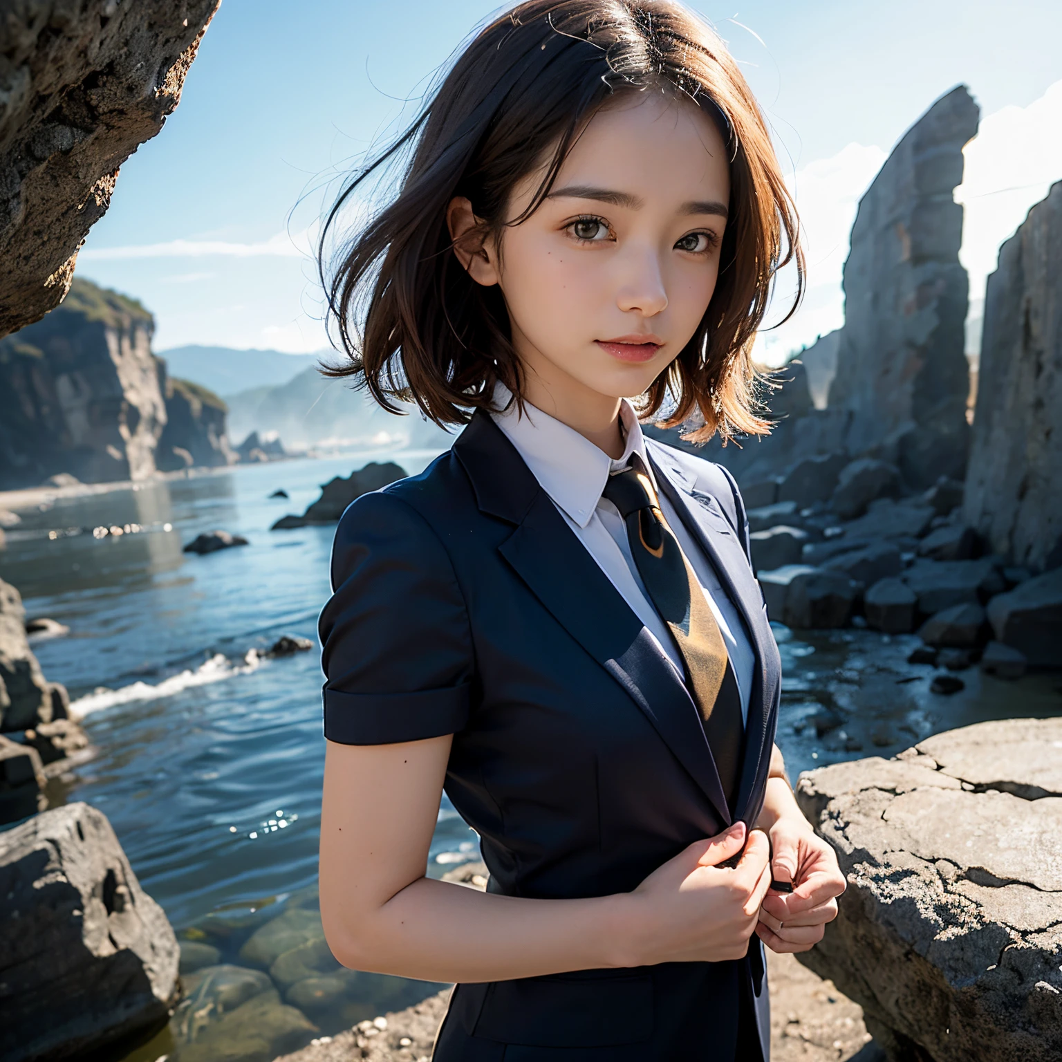(masutepiece, Best Quality:1.2), 8K, Official art, Wearing a suit、Five Fingers、Full body photo, full body Esbian、Suit Beauty、Beautiful barefoot woman with dark hair floating in the air, hold a flame in your right hand、in his left hand he holds a lightning bolt、Bright lava light rises above the broken Earth from beneath the asteroid belt(Jagged rock rocks and fragments shot into the air:1.3) (Storm of windy dust debris:1.1) Volume fogmist by trace Z、It can allow bright light from below to pass through、 (​masterpiece) (top-quality) (detaileds) (8K) (电影灯光) (foco nítido) (Convoluted)A dark-haired、14years、small tits、A delightful、A smile、unbelievable Ridiculous, (Beautiful girl with upper body, Pretty Face, arching back down, Gold hair ornament on hair、Wearing a cute suit、close up, Wearing a suit, Short sleeve, gardenia, violaceaess, Teen, space system, Looking at Viewer, Film grain, chromatic abberation, Sharp Focus, face lights, Dynamic lighting, Cinematic lighting, Eyes and faces with detailed, Bokeh background, (Tie with Emma written on it、1 copy:1.2)