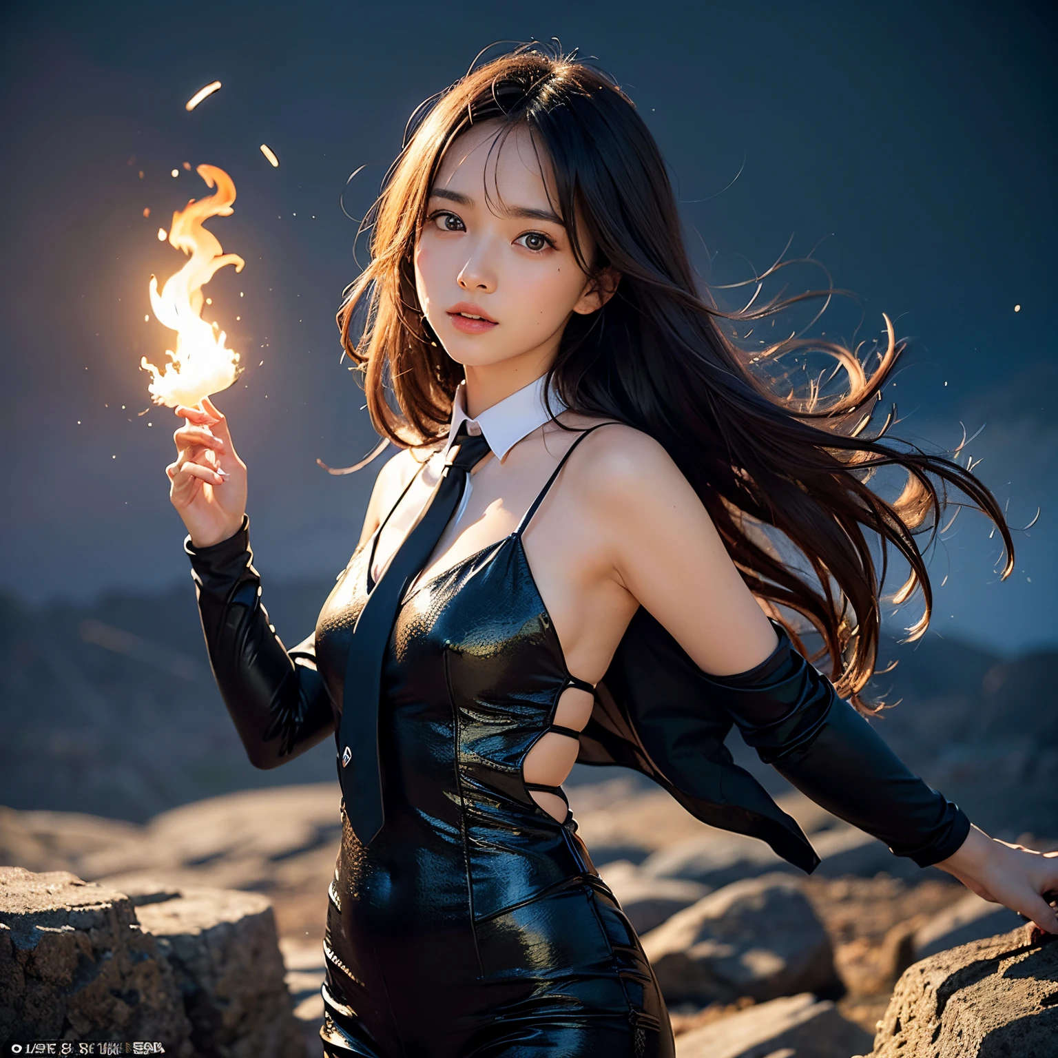 (masutepiece, Best Quality:1.2), 8K, Official art, Upper body naked、Photo of Five Fingerl's body, full body Esbian、Suit Beauty、Big Dipper in the background、star explosion、Beautiful barefoot woman with dark hair, hold a flame in your right hand、i'i'i'i'i'i'i'I'm holding a snowstorm in my left hand、Bright lava light rises above the broken Earth from beneath the asteroid belt(Jagged rock rocks and fragments shot into the air:1.3) (Storm of windy dust debris:1.1) Volume fogmist by trace Z、It can allow bright light from below to pass through、 (masterpiece) (top-quality) (detaileds) (8K) (电影灯光) (foco nítido) (Convoluted)A dark-haired、14years、small tits、A delightful、A smile、Beautiful girl with an incredibly ridiculous upper body, Pretty Face, arching back down, Gold hair ornament on hair、Wearing a cute suit、close up, Wearing a suit, Short sleeve, gardenia, violaceaess, spaces , Looking at Viewer, Film grain, chromatic abberation, Sharp Focus, face lights, Dynamic lighting, Cinematic lighting, Eyes and faces with detailed, Bokeh background, (Tie with Emma written on it、1 copy:1.2)