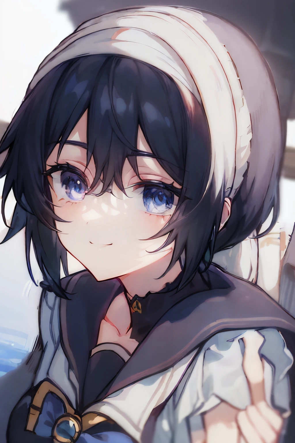 masterpiece, +++, top quality, soft light, short black hair, low ponytail, bangs, locks, blue eyes, portrait, sailor uniform, blue ribbion, smiling, looking at viewer, cinematic lighting, dynamic shadows, perfect shading