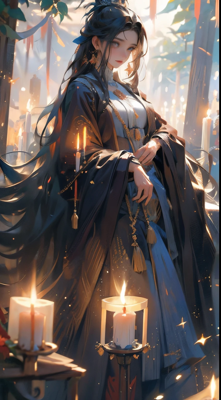 Estilo anime, Floresta, water fall, frente mulher adulta frontal nua, Corar, envergonhado, Velas, seios pequenos, pubiano peludo,