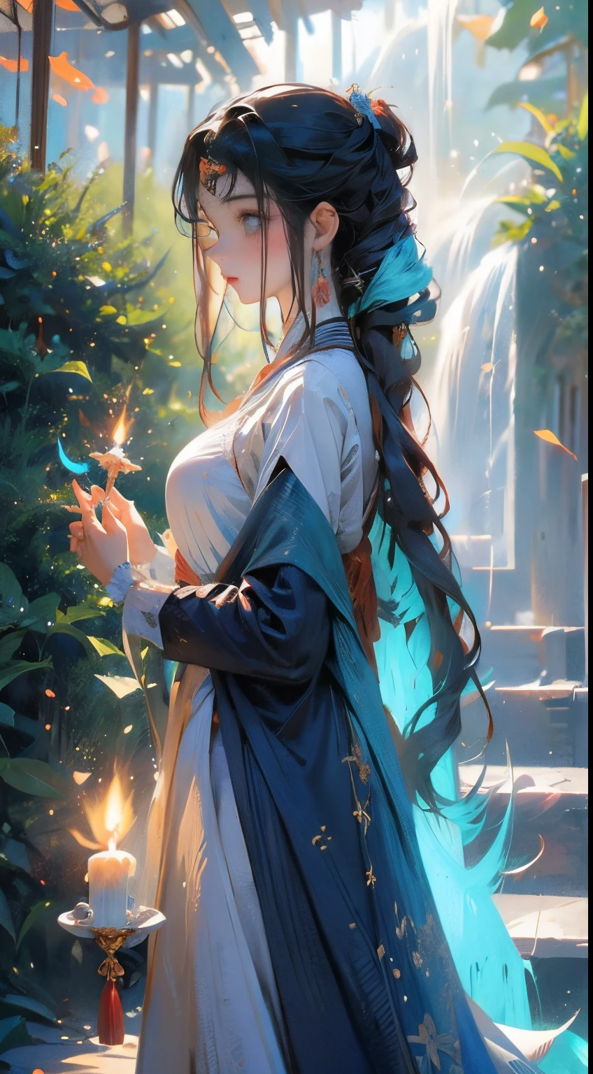 Estilo anime, Floresta, water fall, frente mulher adulta frontal nua, Corar, envergonhado, Velas, seios pequenos, pubiano peludo,