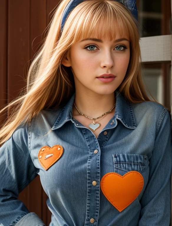(highres:1.2),realistic sailor Venus,blue jean outfit,beautiful detailed eyes,beautiful detailed lips,heart chain in the background