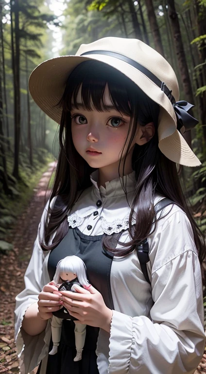 Generate scene description: 'On a winding trail in the heart of the dense forest, a girl with a haunting appearance emerges, holding a white-dressed doll. Her eyes, hidden beneath dark strands of hair, emit an unsettling vibe, contrasting with the tranquility of the natural surroundings.