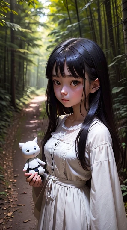 Generate scene description: 'On a winding trail in the heart of the dense forest, a girl with a haunting appearance emerges, holding a white-dressed doll. Her eyes, hidden beneath dark strands of hair, emit an unsettling vibe, contrasting with the tranquility of the natural surroundings.