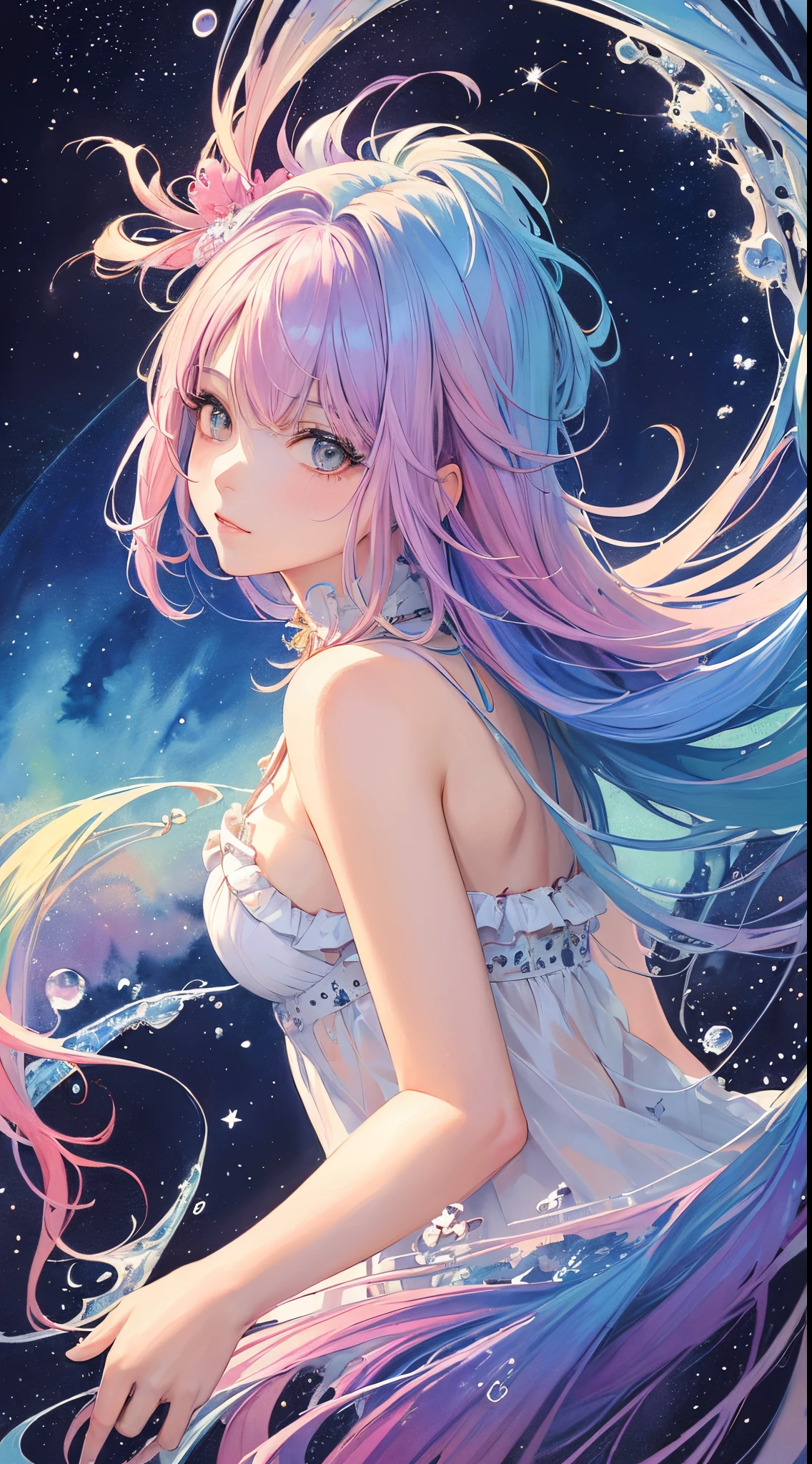 (masterpiece, top quality, best quality,watercolor (medium),official art, beautiful and aesthetic:1.2),(1girl:1.3), (fractal art:1.3),upper body, from side, looking at viewer,patterns,(rainbow color Hair,colorful hair,half blue and half pink hair:1.2),water,liquid, cloud,colorful, starry,stars,