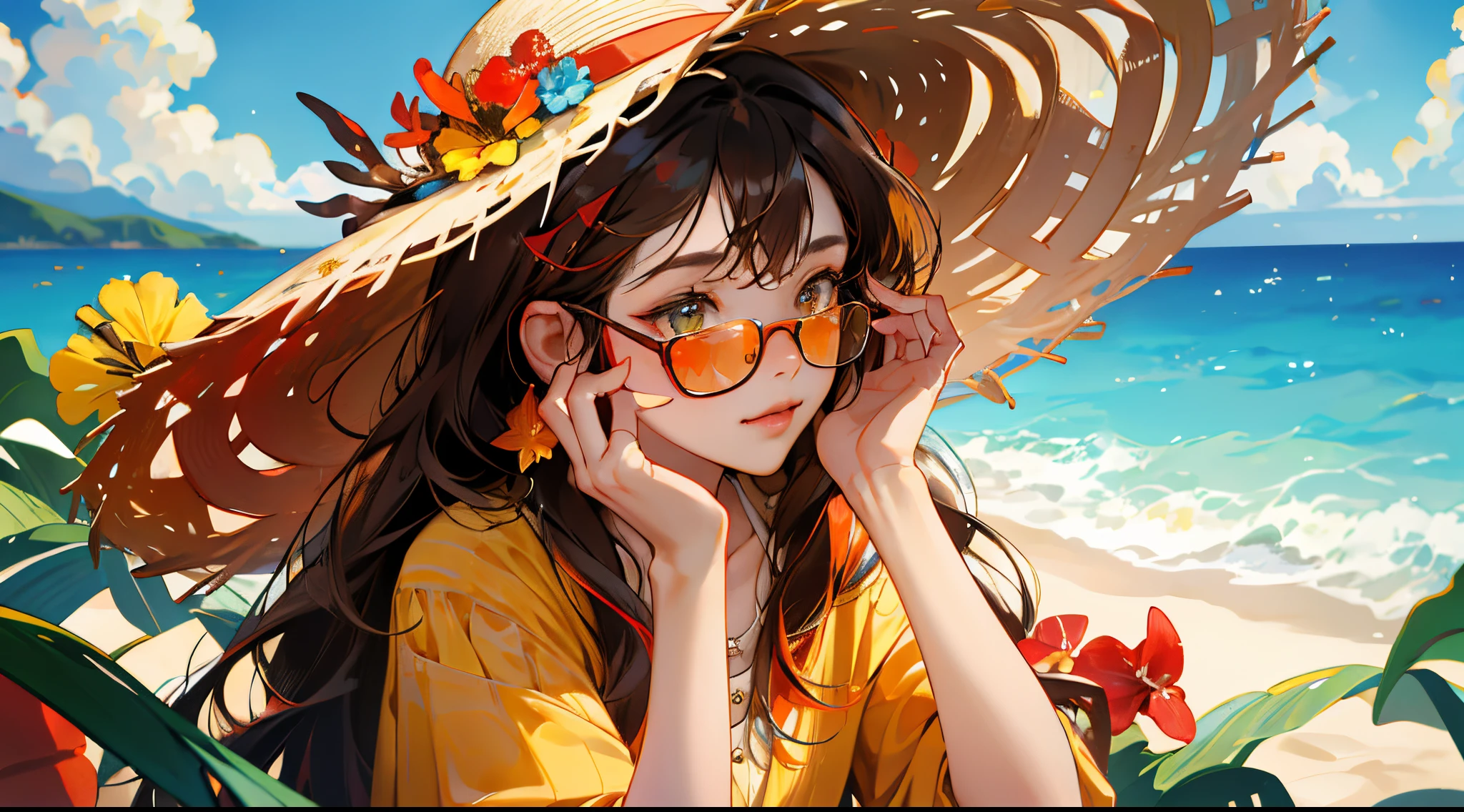 absurdres, highres, ultra detailed, 1girl, solo, extremely detailed eyes, starfish, seashell, shell, flower, hat, hair ornament, jewelry, straw hat, looking at viewer, sunglasses, hat flower, drinking straw, hairclip, earrings, red flower, tinted eyewear, yellow flower, bangs, english text, multicolored hair, orange flower, black hair, ring, cup, long hair, orange-tinted eyewear, food, brown hair, portrait, shell hair ornament