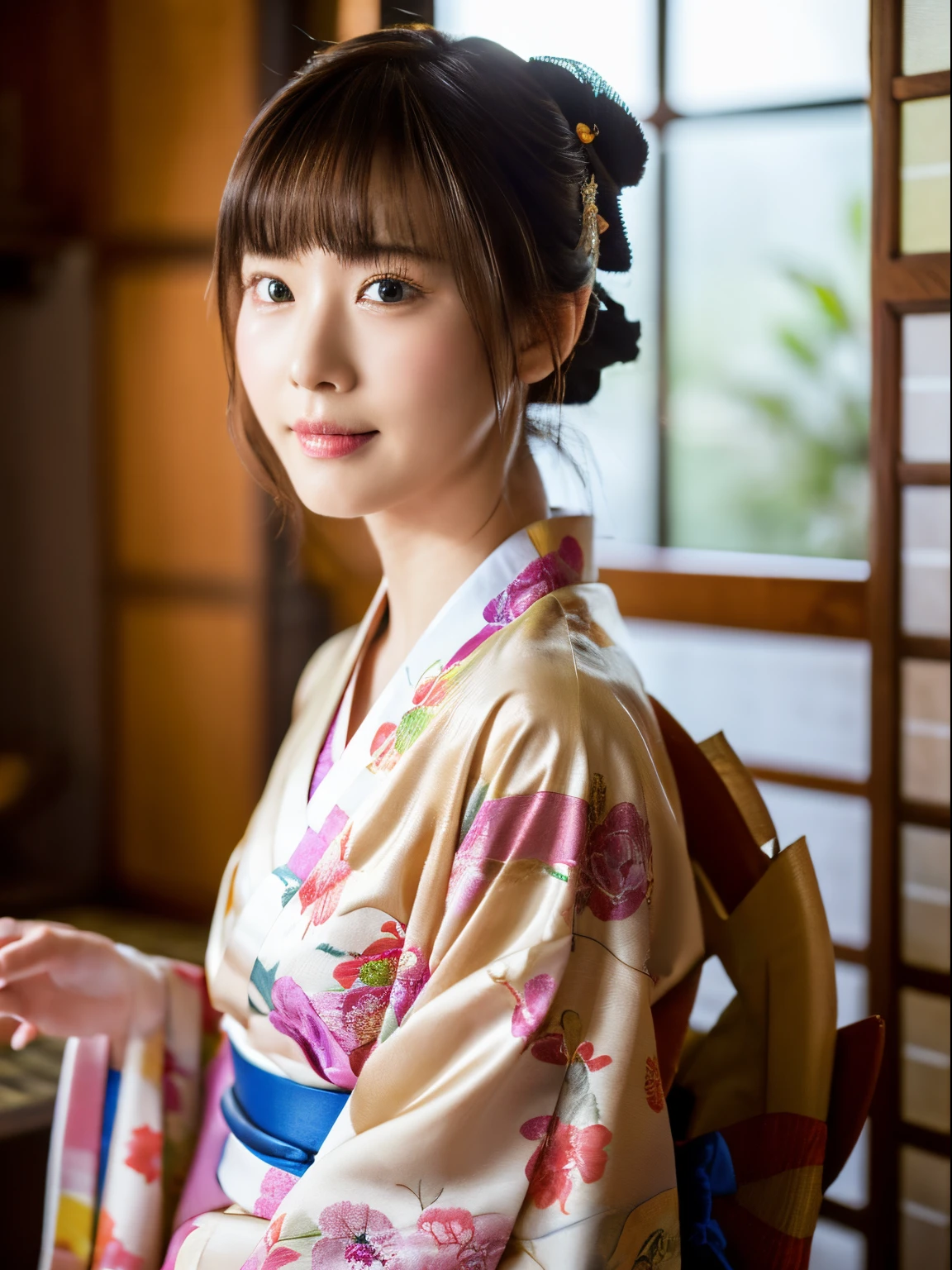 Kimono, Obi, (8K, Raw photo, Best Quality, masutepiece: 1.2), (Realistic: 1.6), (masutepiece), (Best Quality: 1.0), (Ultra Hi-Res: 1.0), detail, 20s, One, Detail beautiful skin, Detail room, ,Realistic skin