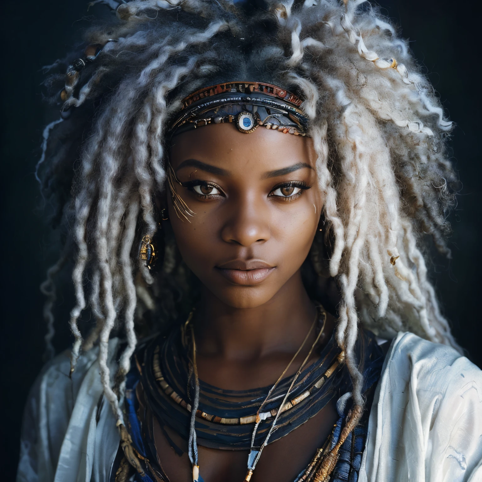 a close up of a woman with dreadlocks and a necklace, Portrait of Ororo Munroe, beautiful woman, stunning portrait, A stunning portrait of a goddess, Stunning African princess, Afrofuturistic, beautiful portrait, stunningly beautiful portrait, very beautiful portrait, photo of a woman beautiful, beautiful beautiful woman, Portrait of a beautiful goddess, ornate hair, Black African princess, full body portrait