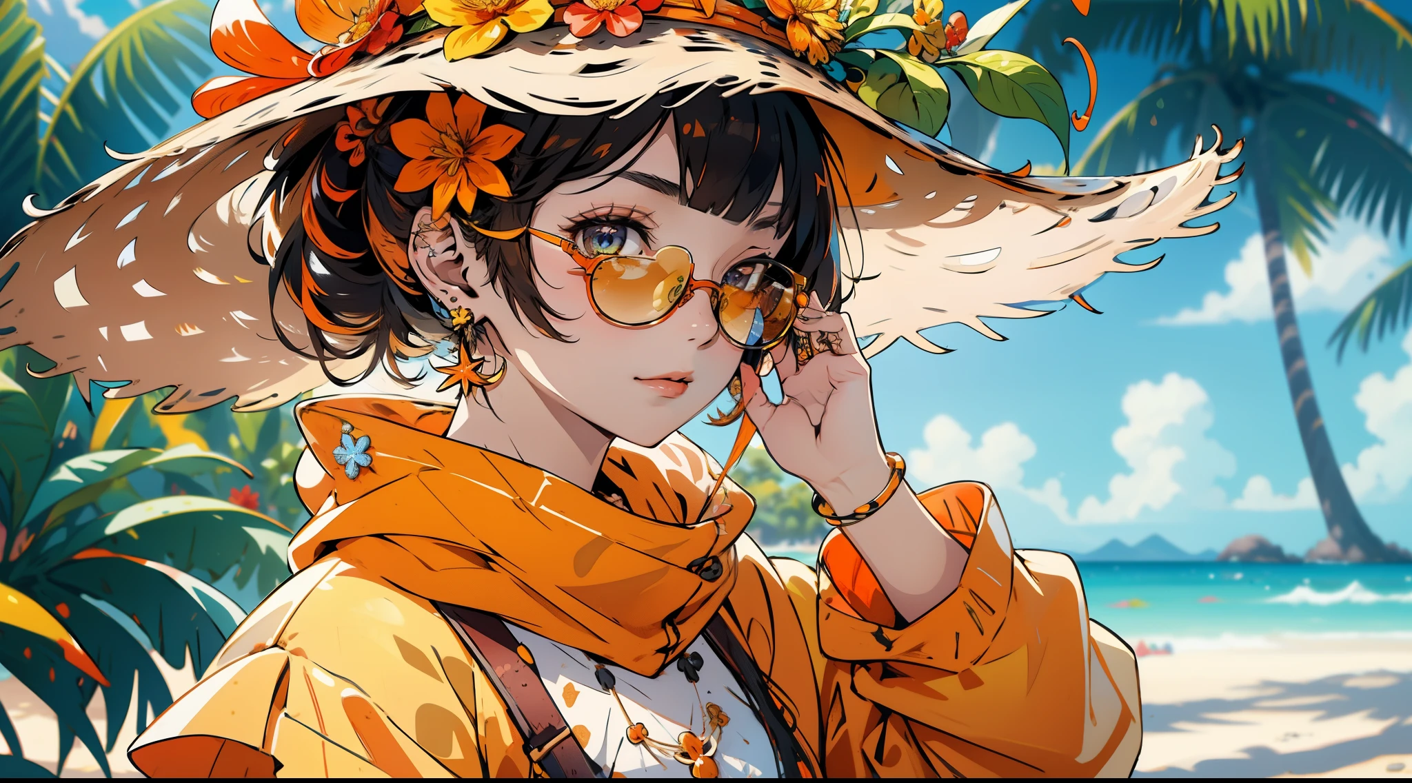 absurdres, highres, ultra detailed, 1girl, solo, extremely detailed eyes, starfish, seashell, shell, flower, hat, hair ornament, jewelry, straw hat, looking at viewer, sunglasses, hat flower, drinking straw, hairclip, earrings, red flower, tinted eyewear, yellow flower, bangs, english text, multicolored hair, orange flower, black hair, ring, cup, long hair, orange-tinted eyewear, food, brown hair, portrait, shell hair ornament